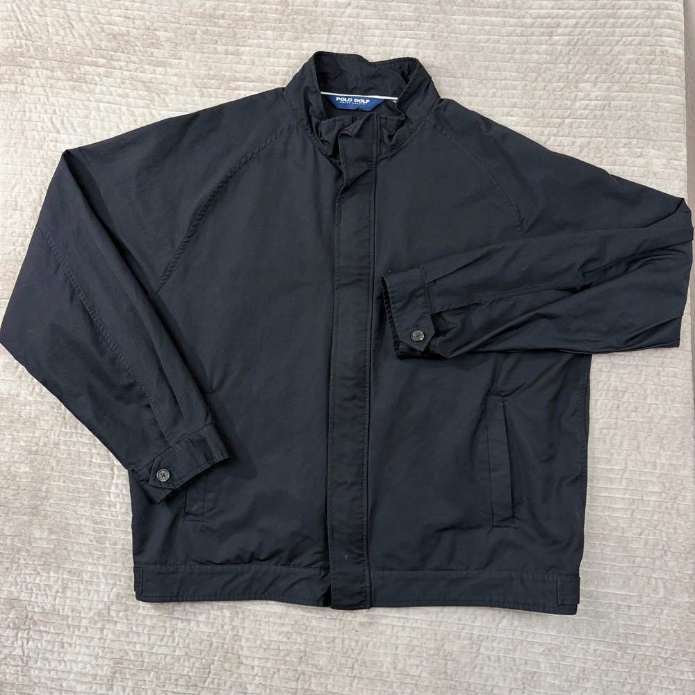 Polo Golf Ralph Lauren Mens XL Black Windbreaker Full Zip Jacket Cotton Nylon